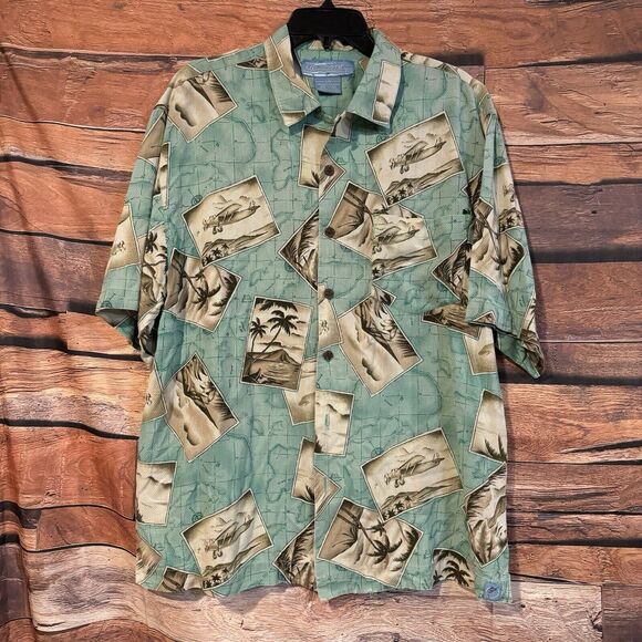 Bermuda Bay Large Hawaiian Button Up Shirt Short Sleeve Green Map Plane Damaged - Picture 1 of 10
